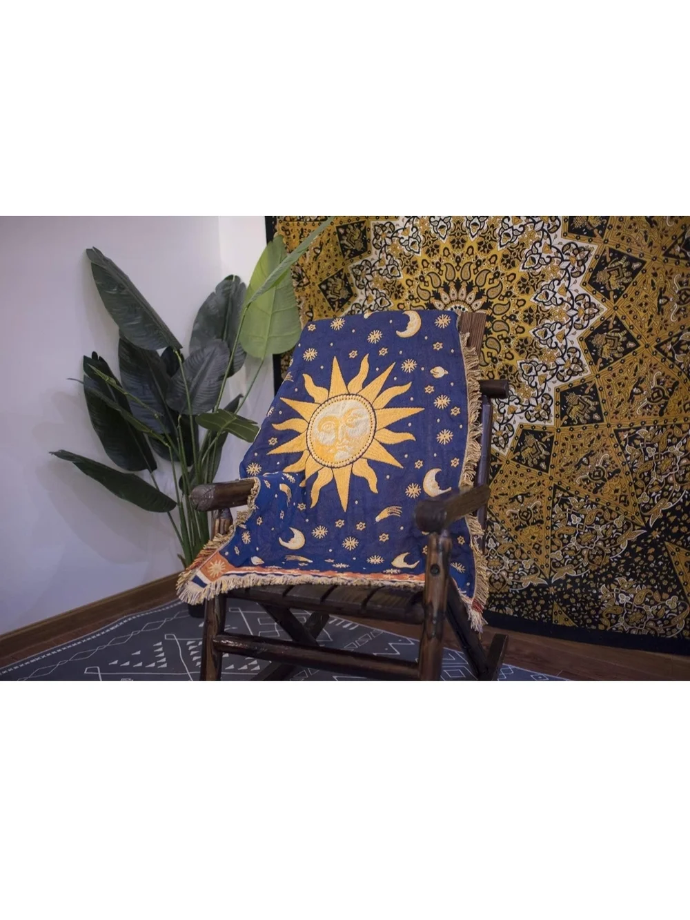 Sun & Moon Tapestry Throw Blanket - Navy and Gold 35x60